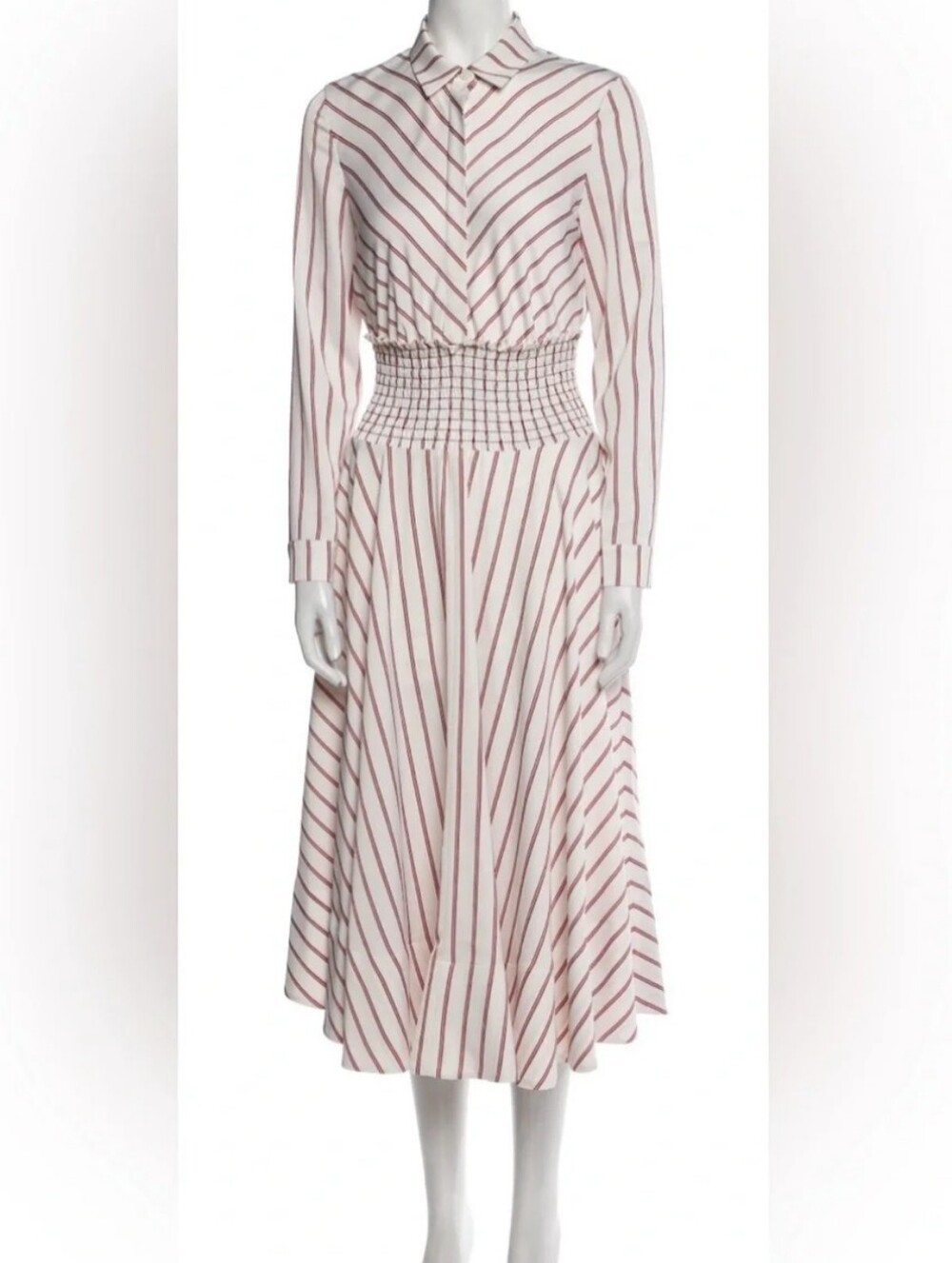 Maje Elegant Cream Striped Shirtdress with Smocked Waist